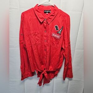 Karl Lagerfeld "Love from Paris" Red Linen Blend Blouse Sz L NWOT